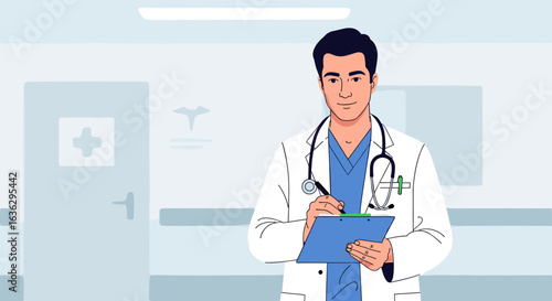Confident Doctor Holding Clipboard in Hospital Setting: Illustration for Medical and Healthcare Concepts