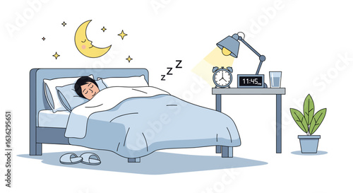 Peaceful slumber illustration featuring a sleeping man, bedside table, moon, stars, and warm color palette.