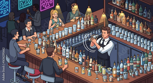 Vibrant Bar Scene Featuring Bartender Mixing Drinks Amidst Patrons in a Lively Atmosphere