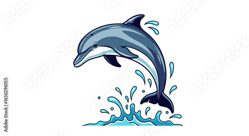 Leaping Dolphin Illustration: Playful Aquatic Mammal with Splash, Isolated on White Background for Commercial Use