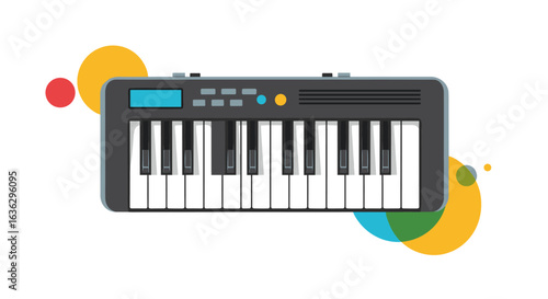 Modern electronic keyboard instrument for music creation and performance with colorful abstract shapes