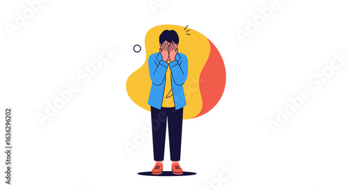 Frustrated person hiding face with hands expressing disappointment and anxiety feeling overwhelmed in a simple flat design style