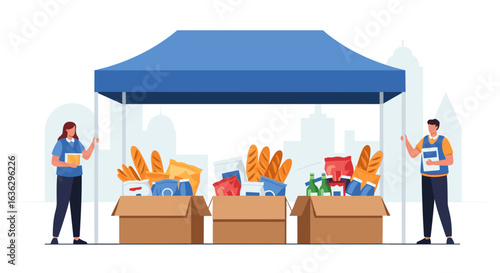 Volunteers organizing and distributing food donations under a canopy at a community event helping people in need
