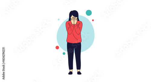 A young woman covers her face with her hands her expression hidden as she stands against a clean white background with abstract colorful circles floating around her