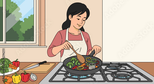 Cheerful Woman Cooking Healthy Vegetables in a Frying Pan on a Kitchen Stove for Family Meal
