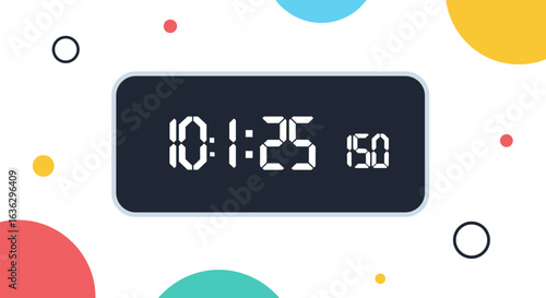 Digital clock displaying time with circular bubbles in a fun colorful background environment