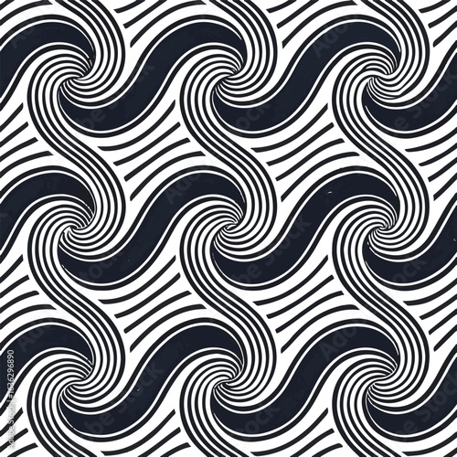 Geometric Swirl Pattern: A mesmerizing display of contrasting black and white lines, forming intricate swirling patterns that draw the viewer into a captivating visual journey.