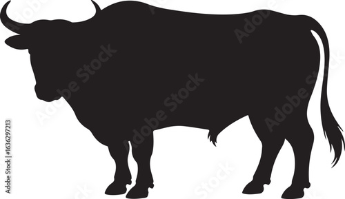Black silhouette of a bull standing in grass on a white background Keywords: bull, cattle, bovine