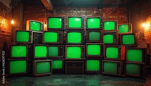 Stack of vintage TVs with green screens against brick wall, retro media concept