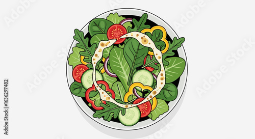 Vibrant Salad Bowl Overhead: Fresh Greens, Colorful Vegetables, and Creamy Dressing Delightfully Presented Artistically.