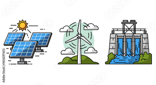 Sustainable energy illustration showcasing solar panels, wind turbine, and hydroelectric dam on a white background.