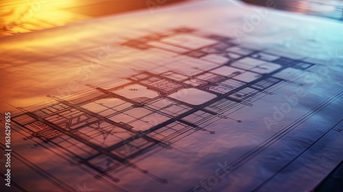 Illustration of architectural blueprint with dramatic lighting, showcasing a detailed floor plan for a building project
