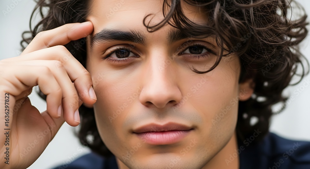 Fototapeta premium Portrait of a handsome man with curly hair thinking.