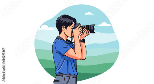 Photographer Capturing Nature's Beauty: An Illustrated Scene of a Person Taking Pictures Outside.