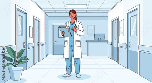 Confident Doctor Stands in Hospital Hallway, Reviewing Medical Chart, Exemplifying Healthcare Professionalism and Patient Care.