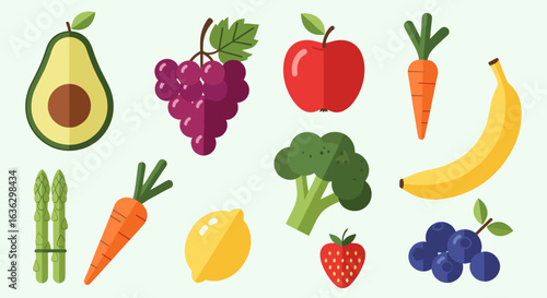 Colorful Flat Vector Illustration of Various Fruits and Vegetables Promoting Healthy Eating and Fresh Produce