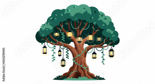 Enchanting Illuminated Tree with Hanging Lanterns and Vines