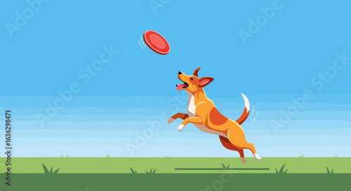 Energetic tan dog leaps for a red frisbee in a playful outdoor scene