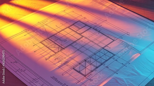 Illustration of architectural blueprint for a house plan, illuminated by dramatic sunlight and shadows