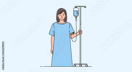 Young Woman Patient Receives Intravenous Therapy with Hospital IV Drip Stand Illustration.
