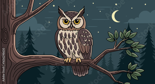 Illustration of wise owl perched on tree branch under a starry night sky with moon.