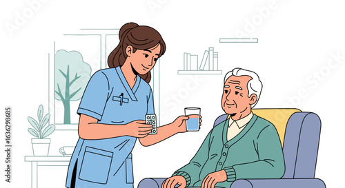 Attentive caregiver offering medication and water to elderly man in cozy and bright living room setting