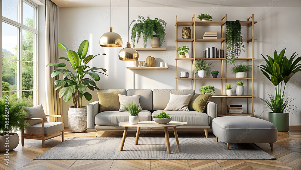Fototapeta premium Bright and airy living room filled with lush green houseplants creating a serene and inviting atmosphere with natural light streaming through the large window