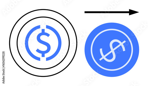 Dollar symbols in circular shapes with a forward arrow emphasize financial growth, change, and progression. Ideal for finance, business, investment, innovation, currency exchange, digital money