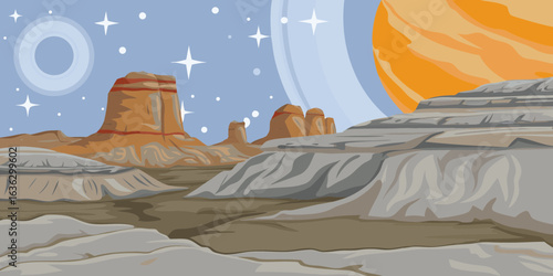 Alien planet landscape with vibrant red rocky terrain, stone formations, orange sunset sky with stars and moon, cliffs and stones in sci fi environment for space exploration game level design.