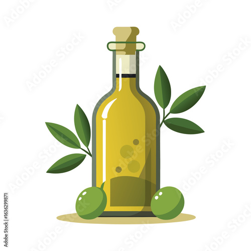 Olive Oil Bottle with Olives and Olive Branches 