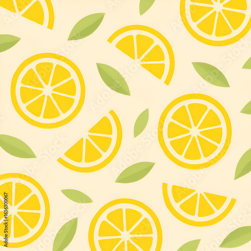 A stylized graphic pattern of bright yellow lemon slices wedges and simple green leaves.