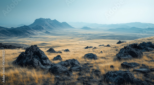 Dreamy Landscape of a Vast Steppe under a Blue Sky

