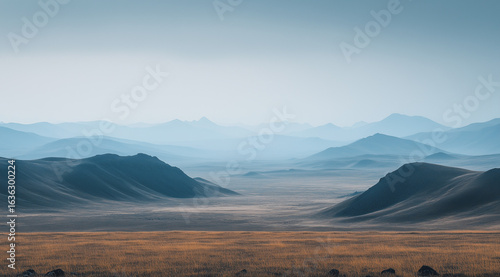 Dreamy Landscape of a Vast Steppe under a Blue Sky
