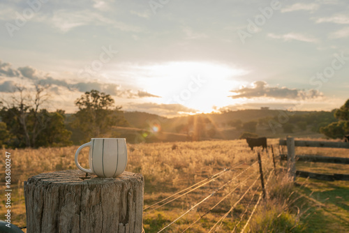 Coffee mug sitting on fence post on farm at sunrise