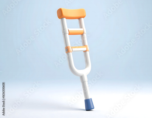 A 3D cartoon stylized, digitally rendered crutch, with orange and white accents, against a light blue background.