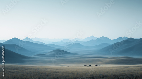 Dreamy Landscape of a Vast Steppe under a Blue Sky
