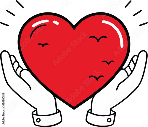Red heart held by hands with birds flying holding care style vector illustration EPS file download