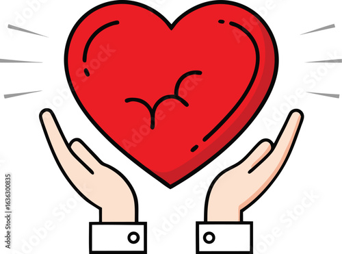 Red heart held by open hands radiating light holding care style vector illustration EPS file download