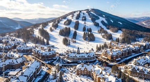 Aerial view of Mont Tremblant ski resort and village on a sunny winter day.