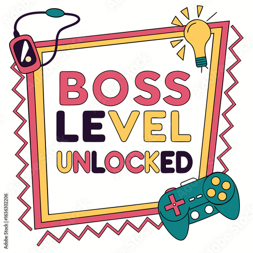 Retro Gaming Illustration with Boss Level Unlocked Text Game Controller and Light Bulb Icon