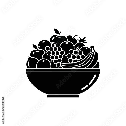 Illustration of a fruit bowl isolated on white background, filled with various fruits in abundance