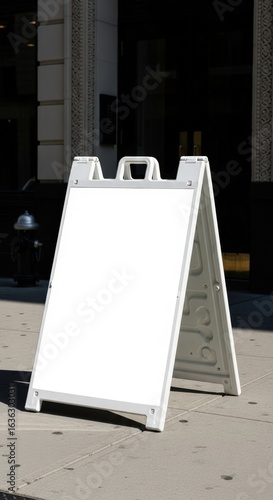 A blank white A-frame sandwich board mockup stands on a city sidewalk for advertising.