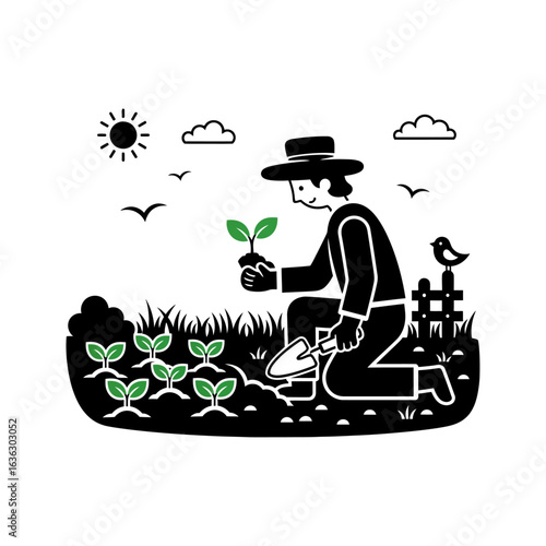 Gardener planting seedlings isolated on white background, promoting sustainable agriculture and growth