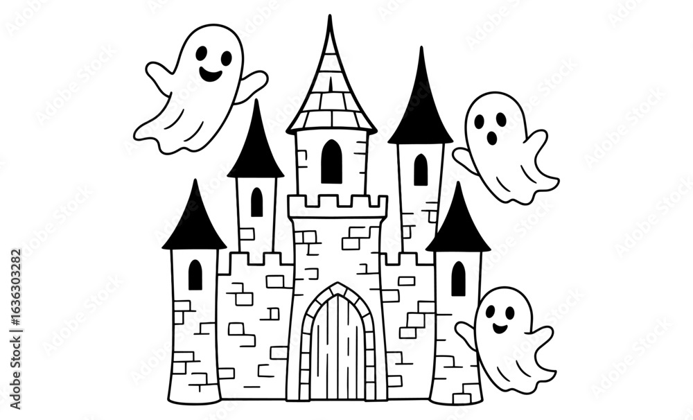 Fototapeta premium Haunted castle with friendly ghosts in outline style for halloween designs