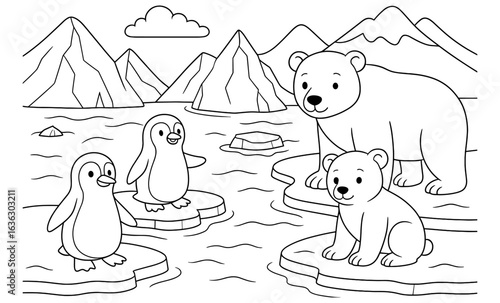 Cute polar bears and penguins on ice floes in arctic landscape line art