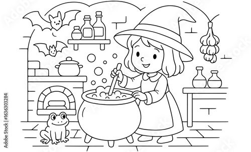 Cute witch brewing potion in halloween kitchen scene with bats and cauldron