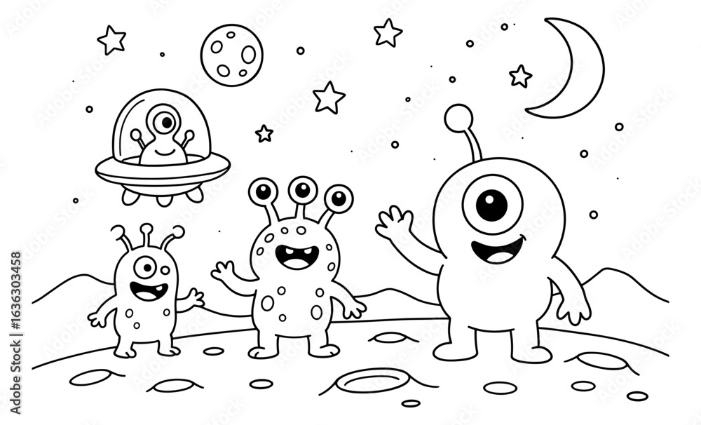 Fototapeta Cute cartoon aliens on moon adventure with ufo and stars