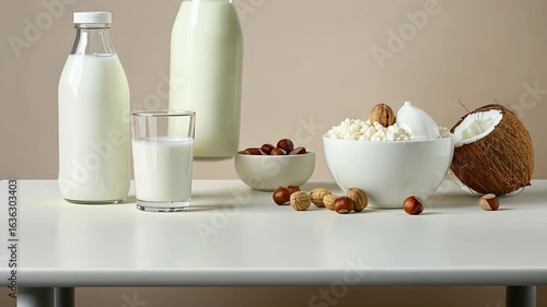 Wallpaper Mural Discover various dairy and plant-based options showcasing a bottle of milk, creamy yogurt, and a variety of nuts arranged elegantly Torontodigital.ca