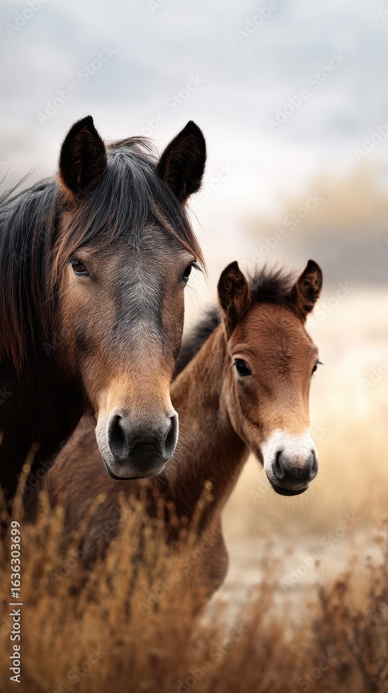 Fototapeta premium Close up of a horse and its foal in a golden field during a cloudy afternoon