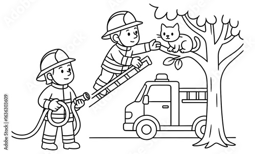 Firefighters rescuing cat from tree with ladder and hose in cartoon style